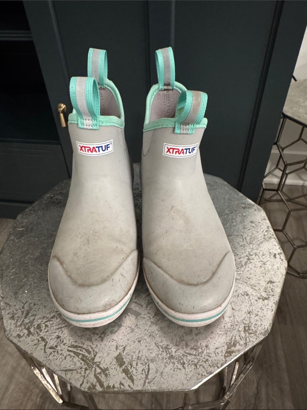Xtratuf women’s Slip-On Deck Rain/muck Boots in Light Gray with Mint Trim